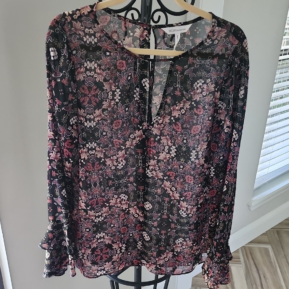 BCBGMaxAzria Sheer Floral Long Sleeve Blouse in Pink and Red